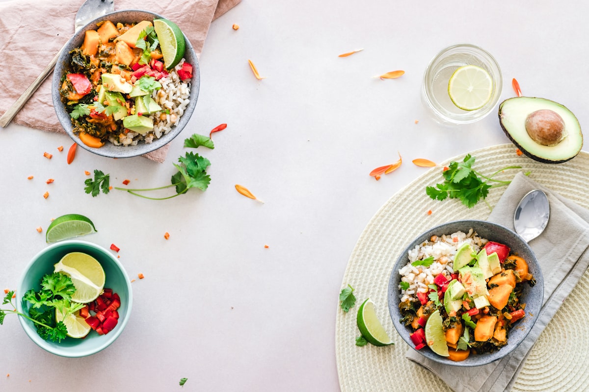 Nutritious meal bowls with colorful vegetables, whole grains, and lean protein